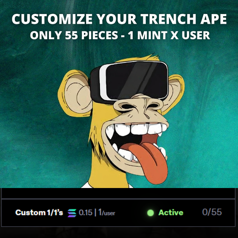 trenchapesolana's tweet photo. 🔥 CUSTOM 1/1s PHASE IS NOW LIVE! 🦍

Only 55 spots - 1 x user - 0.15 $SOL price

🔗 https://t.co/lHE25GjONq

If you mint in the custom 1/1 phase you will get a customized Trench Ape!🦍

DM us and tell us how you want it to be.🔥

Custom minters will have mysterious perks  🪄 TBA https://t.co/jb4MAEwuoY