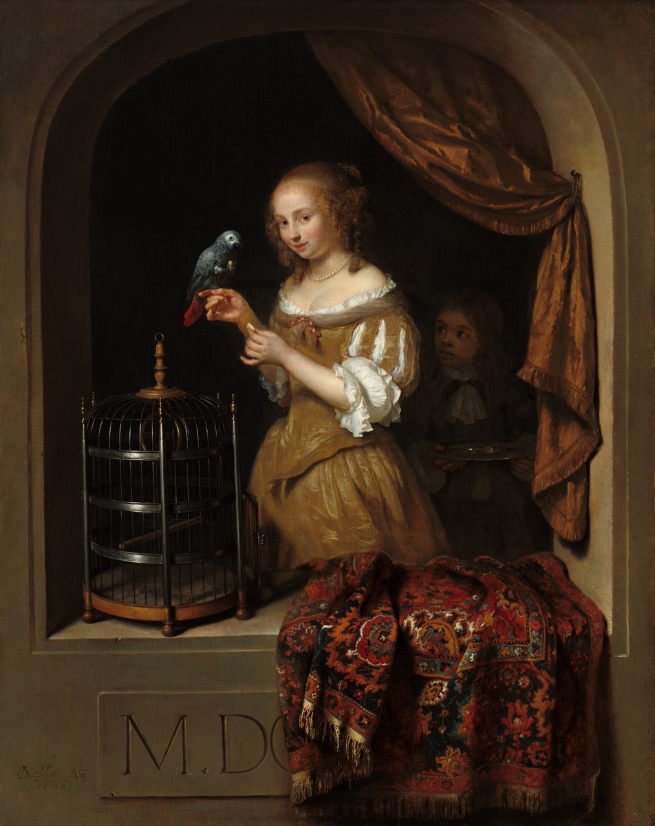 Vrouw met een papegaai bij een venster
(A Woman Feeding a Parrot, with a Page)

Caspar Netscher, 1666