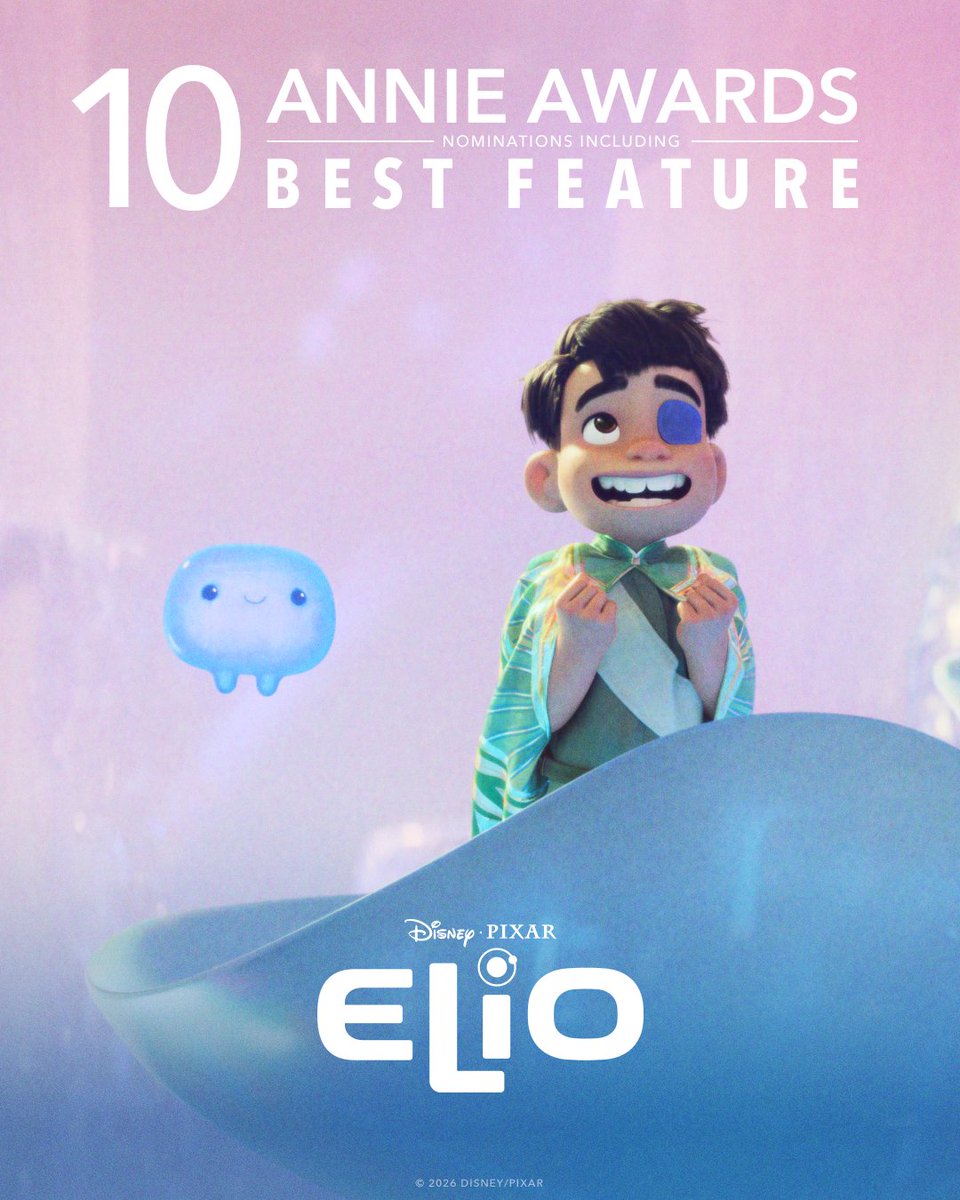 Pixar's tweet photo. Congratulations to the cast and crew of Pixar's #Elio on their 10 Annie Awards nominations including Best Feature! 🛸 https://t.co/dwBlroSh0l