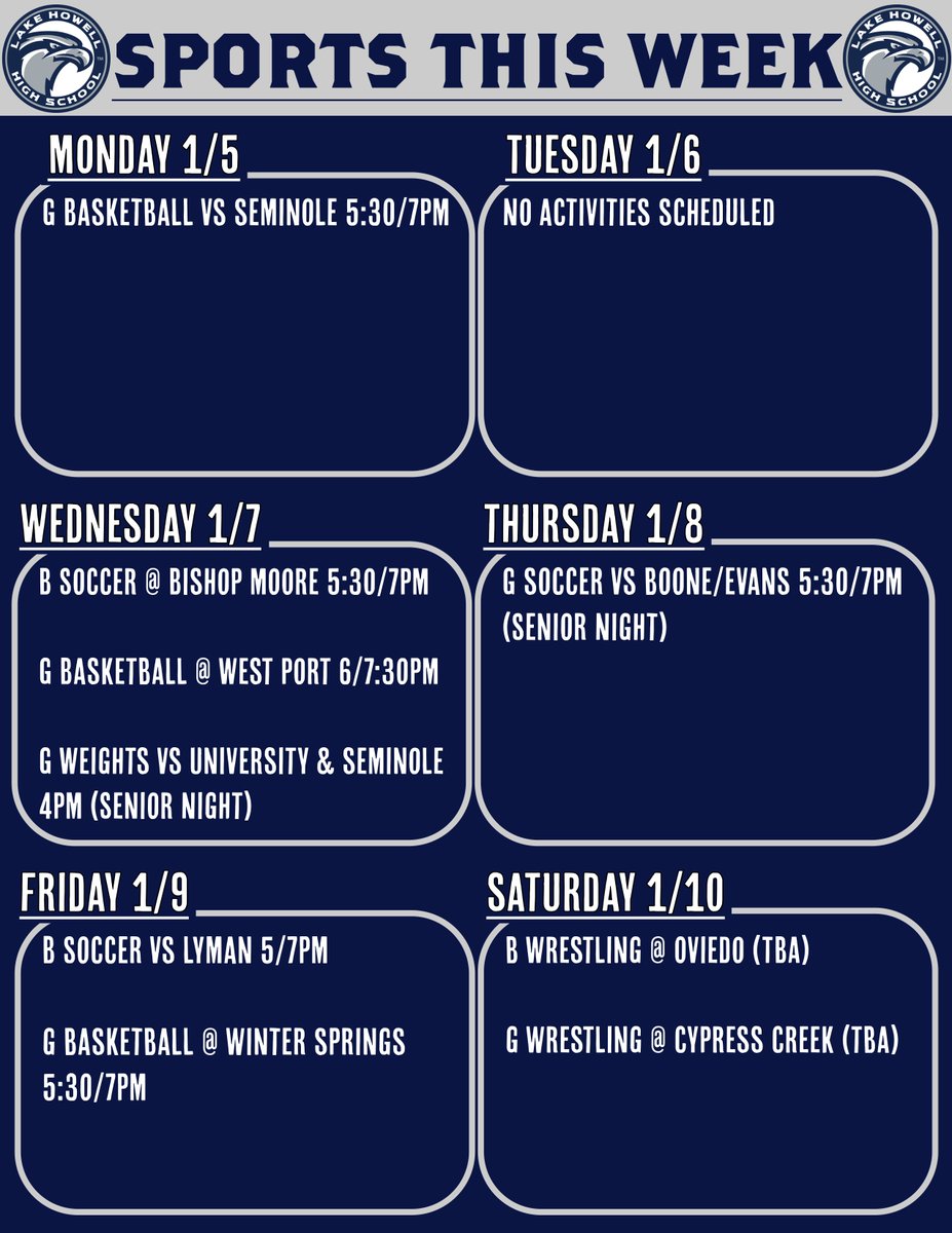 LHHS_Athletics's tweet image. 1/5/25 Silverhawk Athletics This Week! 🦅
Join us as we celebrate our seniors and support our teams all week long!  @lake_howell @Lhhssga @lhhs.ptsa
#SeniorNight #HawkFamily #CommitmentToExcellence