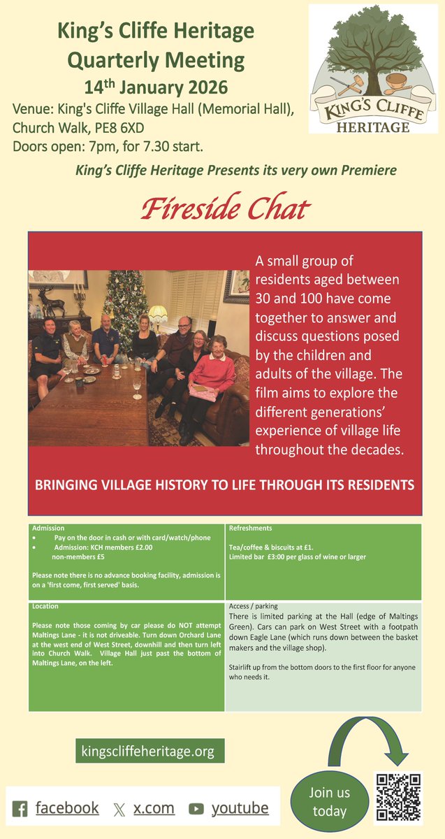 Join us on 14th January for the King’s Cliffe Heritage Quarterly Meeting &amp; the premiere of our first Fireside Chat 🎥
Local residents aged 30–100 reflect on village life across the decades — warm, thoughtful &amp; very Cliffe.
7.30pm |  Village Hall
£2 members | £5 non-members
