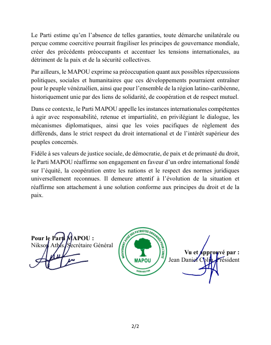 𝐂𝐎𝐌𝐌𝐔𝐍𝐈𝐐𝐔𝐄́ 𝐎𝐅𝐅𝐈𝐂𝐈𝐄𝐋

MAPOU exprime ses préoccupations face aux informations sur la situation du Président Maduro.
Nous rappelons l’importance de la souveraineté des États, du respect du droit international et du recours au dialogue et aux solutions pacifiques.