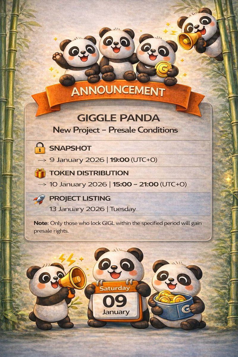 BullCityToken's tweet photo. 🚀 Giggle Panda Launchpad Presale Alert!

Bull City Token will be available in presale on the Giggle Panda DEX Launchpad 🐼

🔒 Minimum stake required: 300,000 Giggle Panda
✅ Anyone who stakes min. 300k Giggle Panda tokens can participate.

🛡️ 5-day price guarantee after launch
📉 If the token price falls below the presale price, the loss will be reimbursed by Giggle Panda DEX.

❗ Missed the presale?
You’ll be able to buy after launch on Giggle Panda Swap 🔁

@gigglepandabsc
https://t.co/x4L4Uvtkt2
https://t.co/yCAvKIByok
https://t.co/tNI3aDm6pD

@bullcitytoken
https://t.co/ft2LZ77WFO
https://t.co/Mv2m9yz5Pu

#GigglePandaDEX #Launchpad #Presale #DEX 🚀