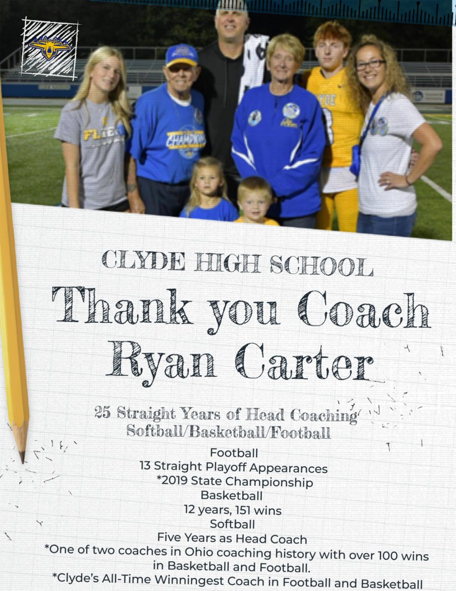 FlierFootball's tweet image. Thank you Coach Carter for your dedication to the students of the Clyde and Green-Springs!

Press Release: bit.ly/carter26