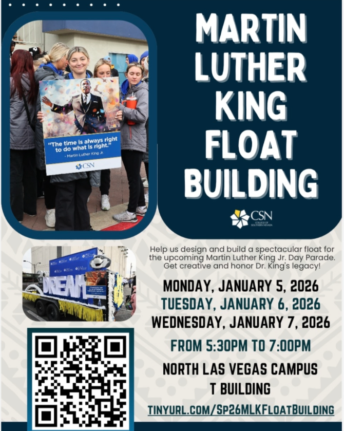 CSNCareerServ's tweet image. Don't miss out-join us today at the North Las Vegas campus-T Building, from 5:30pm-7:00pm.⭐⭐
Share your creativity, help us design and build an awesome float for the upcoming Martin Luther King Jr. Day Parade!!
RSVP Today at: TINYURL.COM/SP26MLKFloatBu…
#paradefloat #careerservices