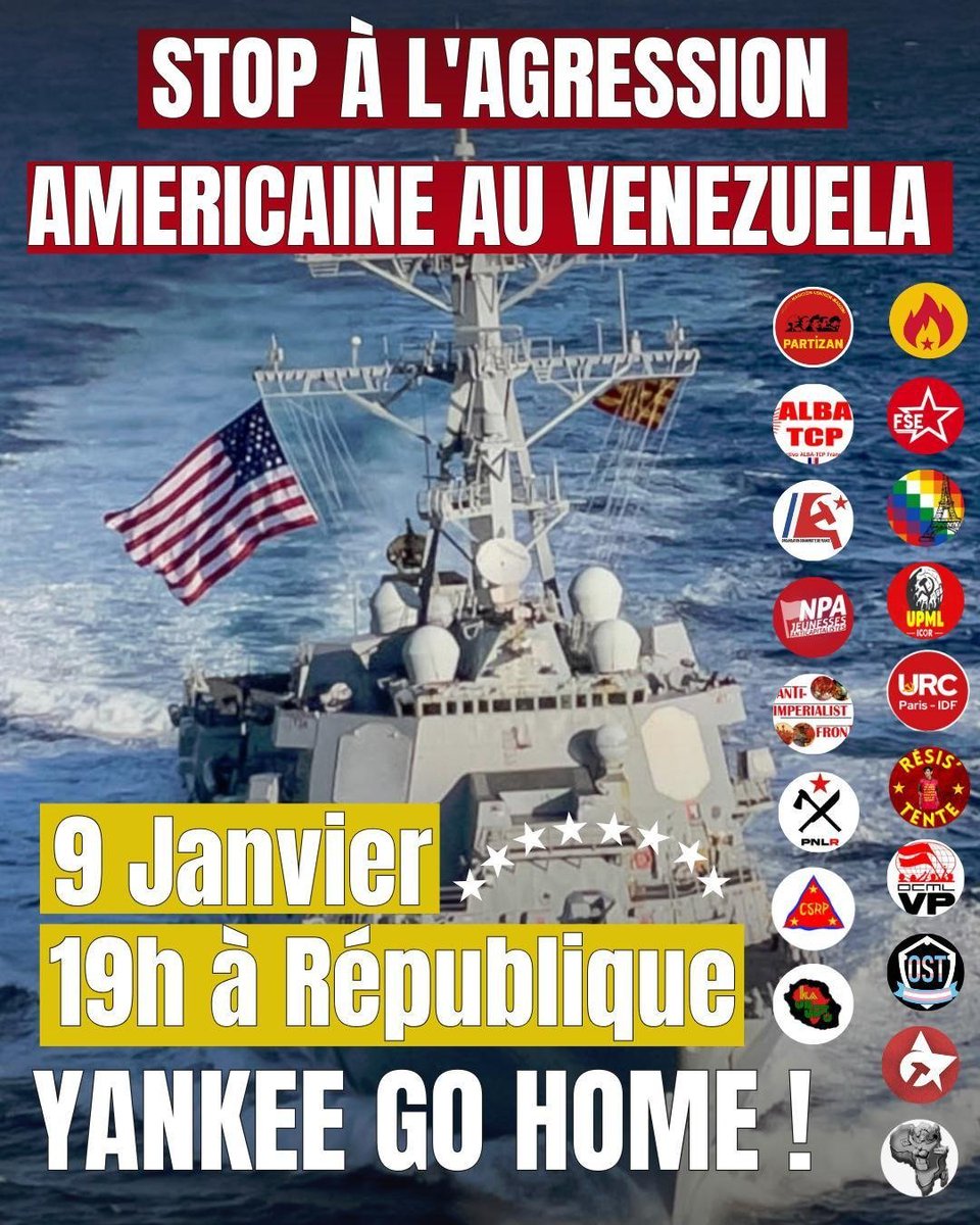 JRCF_'s tweet image. Paris, 9 janvier – place de la République.

L’OCF sera mobilisée pour soutenir le peuple vénézuélien et exiger la libération immédiate de Maduro. Face aux ingérences de Trump, défendons l'indépendance nationale du Venezuela.

#Trump #Venezuela #Caracas