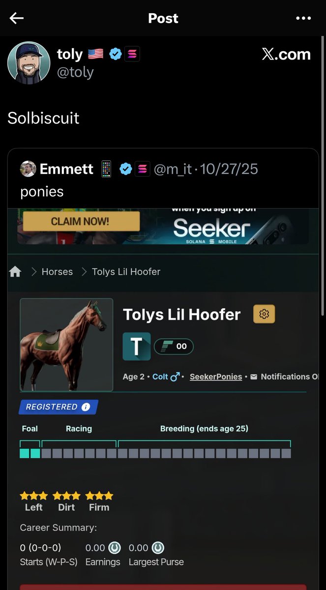 Toly’s horse seabiscuit mixed up with Venezuela Maduro news 

Toly just tweeted about it 15 mins ago

Don’t think ppl know the horse is a coin yet. So here’s the coin lol 

Gamba 

$SOLBISCUIT
GtWciLDb3RpphLHFktErXr4Sh1do6ojrogehJwyHnpVP