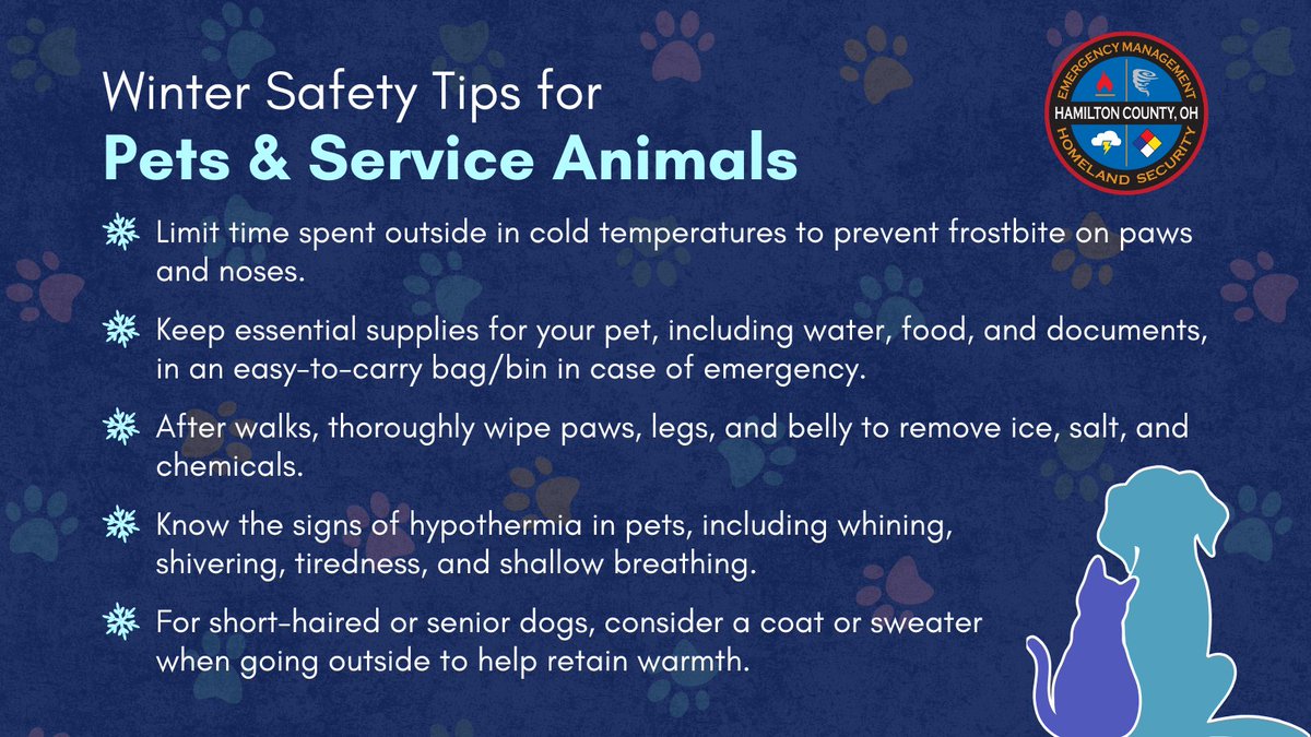 HCEMA's tweet image. During the winter, it is essential to keep pets and service animals safe and warm. Use these tips to ensure your pets stay safe this winter and visit ready.gov/pets for more #PetPreparedness tips. #WinterReady