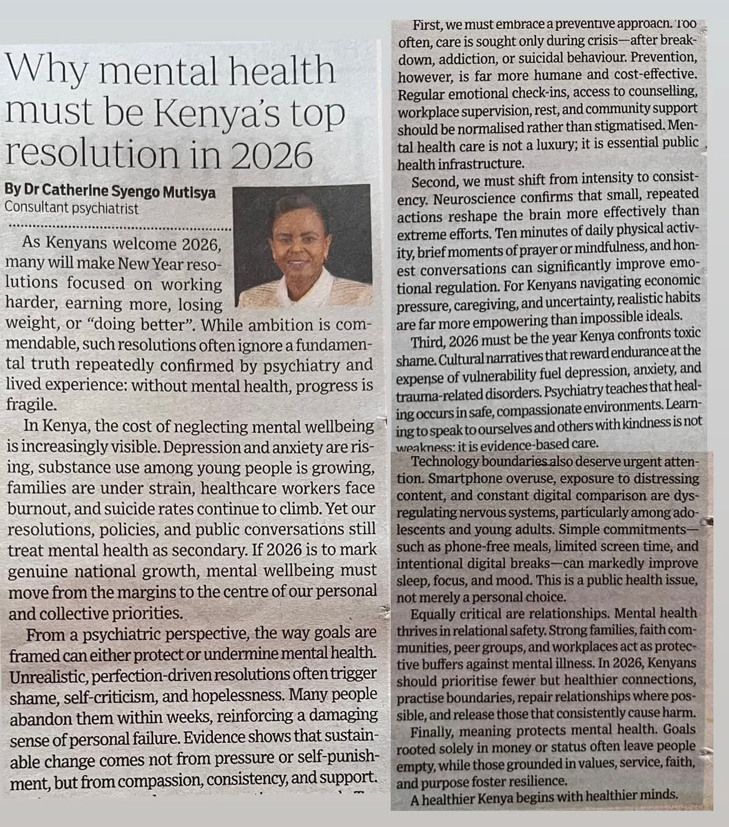 Our 2026 resolutions must put mental health first! share.google/gNTviQEZfNO9gG…
<a href="/MNTRH_Hospital/">Mathari National Hospital</a> <a href="/KenyaMedics_KMA/">Kenya Medical Association</a> <a href="/NaiMentalHealth/">NairobiMental Health</a> <a href="/NaiParenting/">Nairobi Parenting</a> <a href="/simonkigondu/">The Kenyan Gyne (#HealthServiceCommission)</a> <a href="/StandardKenya/">The Standard Digital</a> <a href="/syengomutisya/">Dr syengo mutisya</a> <a href="/WHO/">World Health Organization (WHO)</a> #NewYear2026 #2026SEASONSGREETINGS #HappyNewYear