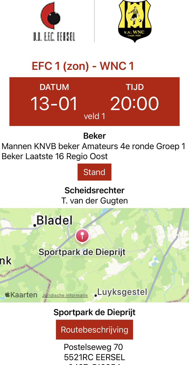 De bekerwedstrijd van morgen is verplaatst naar volgende week dinsdag de 13e…..