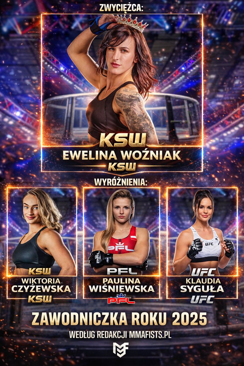 #NOMINACJE2025: ZAWODNICZKĄ ROKU w moich oczach została Ewelina Woźniak!

Wyróżnienie otrzymują natomiast:
Wiktoria Czyżewska
Paulina Wiśniewska 
Klaudia Syguła 

<a href="/MMAfistsPL/">MMAfists.pl</a>