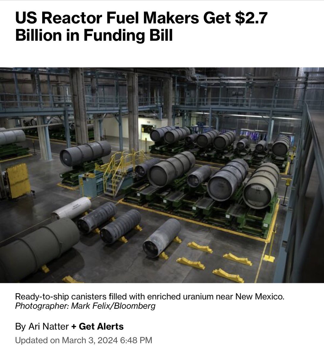 $2.7 billion for nuclear fuel!!!

Old news, but now there’s granularity to the recipients:

$900 million for Centrus $LEU
$900 million for General Matter
$900 million for Orano
$28 million GLE ( $SILXY &amp; $CCJ )