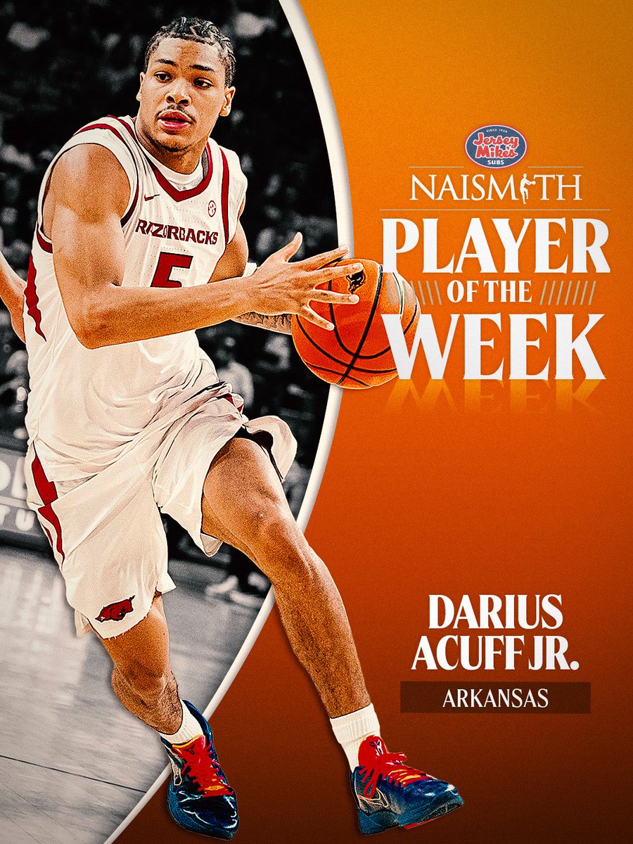 NaismithTrophy's tweet image. Our @jerseymikes Naismith Men’s College Player of the Week is 𝐃𝐚𝐫𝐢𝐮𝐬 𝐀𝐜𝐮𝐟𝐟 𝐉𝐫. 

The @RazorbackMBB freshman led Arkansas to a 2-0 record last week, including a huge ranked win against No. 19 Tennessee 

Acuff scored 29 points in this game, which is the most by a…