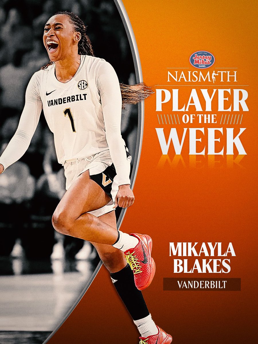 NaismithTrophy's tweet image. Our @jerseymikes Naismith Women’s College Player of the Week is 𝐌𝐢𝐤𝐚𝐲𝐥𝐚 𝐁𝐥𝐚𝐤𝐞𝐬! 
 
The @VandyWBB sophomore led the Commodores to a 2-0 record last week, including a huge ranked win against No. 5 LSU. 

Her fourth 30-point performance of the season helped deliver…