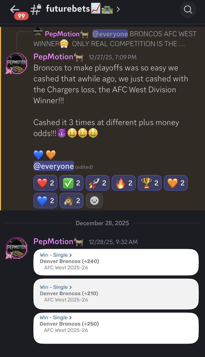 PepMotionn's tweet image. Placed multiple future bets on the Broncos 😈
Easy money!!!🤑
#NFL #DenverBroncos