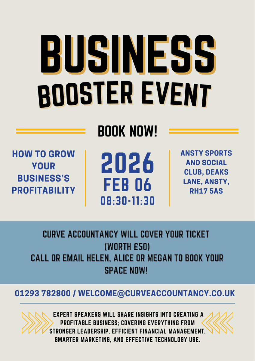 CurveAccounts's tweet photo. Do you want the knowledge, inspiration and clarity on the actions needed to increase your business’s profit?

Book onto our Business Booster Event with Chris Irving and others now!

Email welcome@curveaccountancy.co.uk or call us on 01293 782800 to reserve your space https://t.co/Jt6FU9LBPk