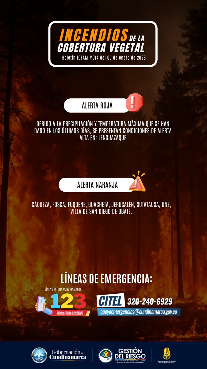 RiesgosCundi's tweet photo. #PronósticoCundinamarca | 
@IDEAMColombia en su boletín más reciente advierte probabilidad de incendios de la cobertura vegetal en 9 municipios de Cundinamarca https://t.co/VcZwDpaTVU
