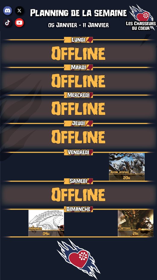 Hello les hunters ! C'est l'heure du planning !
Meilleurs vœux et bonne rentrée à tous ! 

Rendez-vous ce weekend pour le coeur de l'action : 
* <a href="/Auzon_Apophis/">Auzon Apophis</a> vendredi soir sur Wilds
* <a href="/Paimonika/">Paimonika ~ Lunastra fan account</a> dimanche matin pour le stream dessin
* <a href="/CDC_Capterge/">Capterge</a> dimanche soir sur MHFreedom.