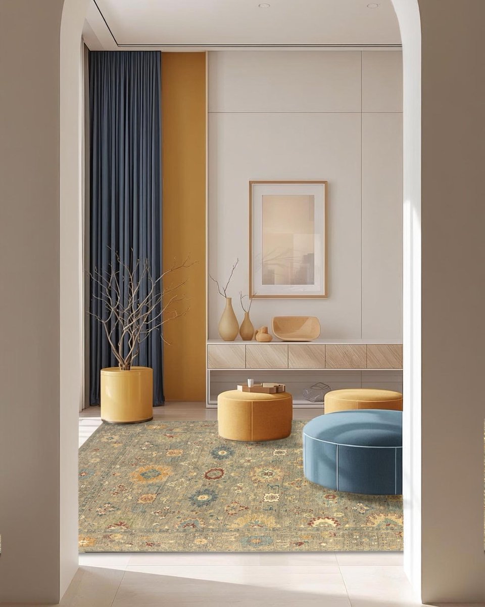 PersiaRugs's tweet image. A dreamy stone-gray/greige field with classic Ariana florals and rosette medallions. The palette is perfectly muted; dusty blues, teal, ivory, sand-gold, sage, and warm rust accents; giving it that relaxed, heirloom look works in both modern and traditional spaces.

#moderndecor