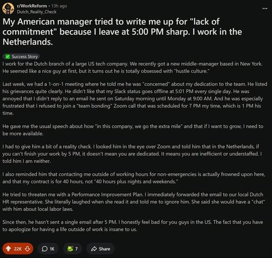 Un holandés se volvió viral por hacerle entender a su jefe de Estados Unidos que tiene una vida fuera del trabajo, jaja y si