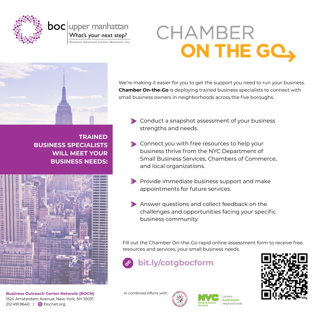 BOCNetwork's tweet image. 📢Get the support you need to grow your business w/ @BOCNetwork &amp;amp; @NYWomensChamber Chamber On the Go is providing trained business specialists to connect you with the resources &amp;amp; services you need! 🏙️Fill out the form: 🔗forms.gle/eRQwDm77wEUZVt…
In partnership with @NYC_SBS