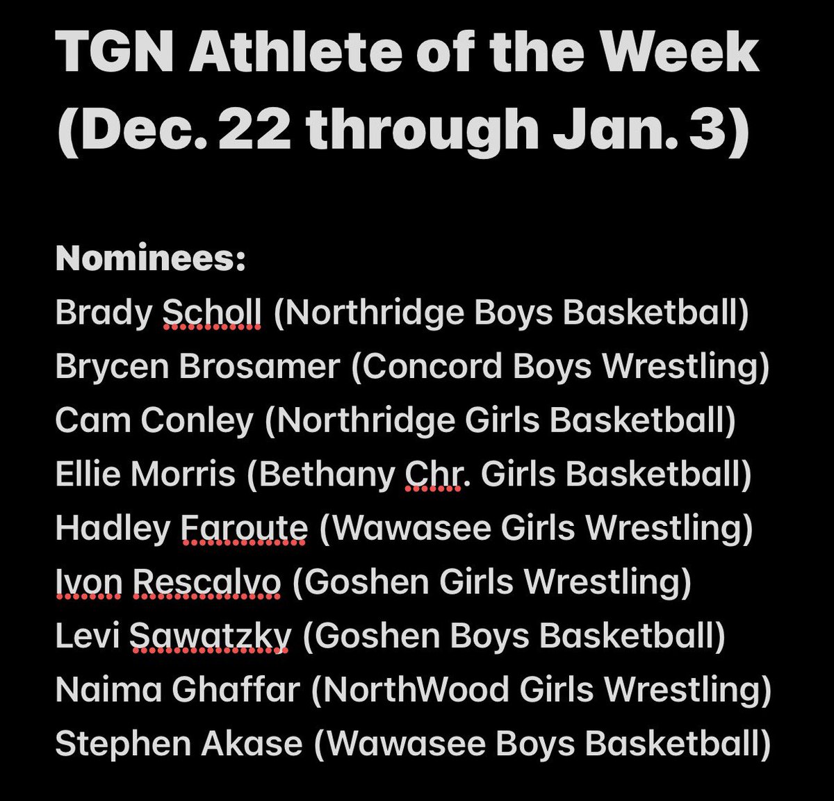 Matt_LucasTGN's tweet image. 🗳️TGN ATHLETE OF THE WEEK🗳️

Supersized winter poll this week! (Dec. 22 through Jan. 3) You can vote once per day. Poll closes Wednesday at noon. 

🔗: goshennews.secondstreetapp.com/Athlete-of-the…