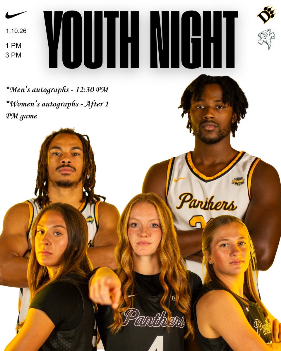 𝐘𝐨𝐮𝐭𝐡 𝐍𝐢𝐠𝐡𝐭 ➡️ 𝐓𝐡𝐢𝐬 𝐒𝐚𝐭𝐮𝐫𝐝𝐚𝐲.

Join us for an exciting day of basketball as both Panthers take on the Lake Erie Storm.

📅 Date: January 10
📍 Location: Alumni Hall

⏰ Schedule:
• Men’s team autographs: 12:30 PM
• Women’s basketball game: 1:00 PM
•