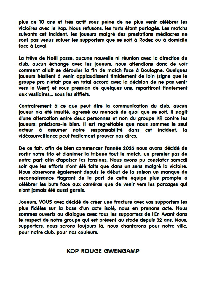 Communiqué Kop Rouge