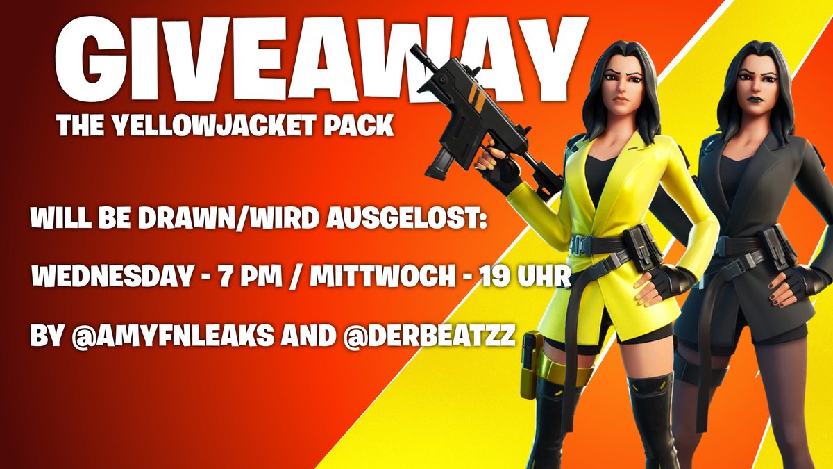GIVEAWAY : THE YELLOWJACKET PACK! 💛
[Xbox Key EUROPE]

• Follow <a href="/DerBeatzZ/">BΞΛTZZ</a> &amp; <a href="/AmyFNLeaks/">AmyFNLeaks</a> 
• Like &amp; Repost 
• Comment "Luck" 

The Giveaway will be dawn on January 7 at 7 PM.
#Fortnite #FortniteGiveaway
