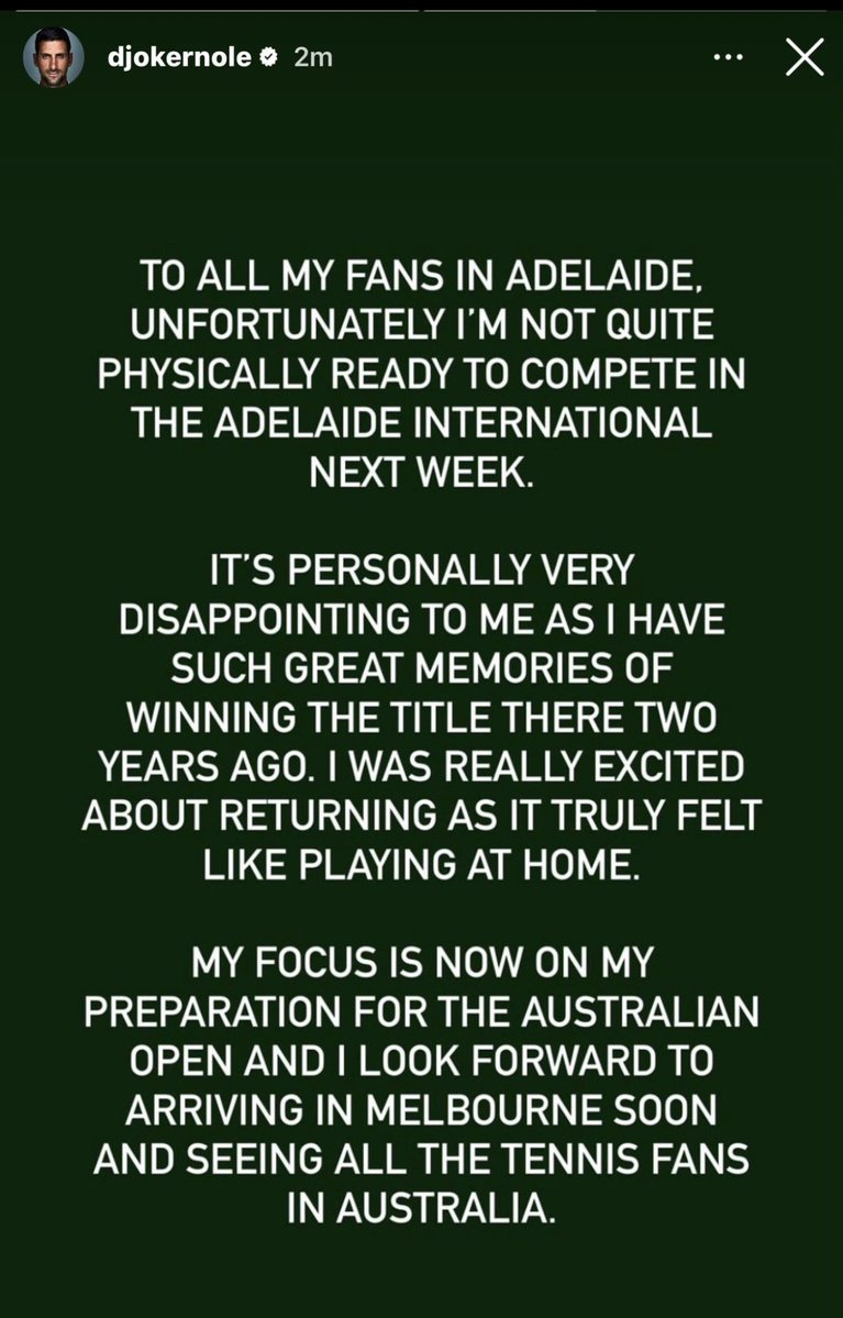 🚨DJOKOVIC BAJA ATP ADELAIDE
Apenas días para su debut esta temporada y ya se baja de su primer torneo por no estar físicamente al 100%.