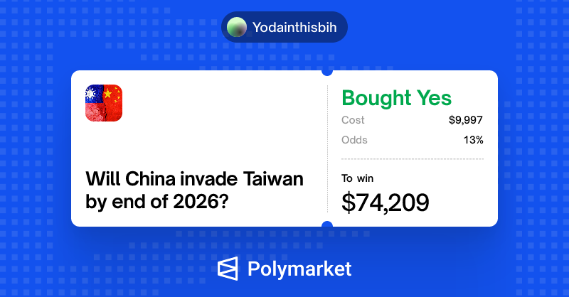 oswyoeth's tweet photo. Interestingly @Predicadecom sent me notification about another trader bet $10k on the same outcome for "Will China invade Taiwan by end of 2026?": https://t.co/0tmlGBWAvO

Some media already wrote about the first wallet, I wonder how soon they'd find this second one. https://t.co/VX7yaKJ88V
