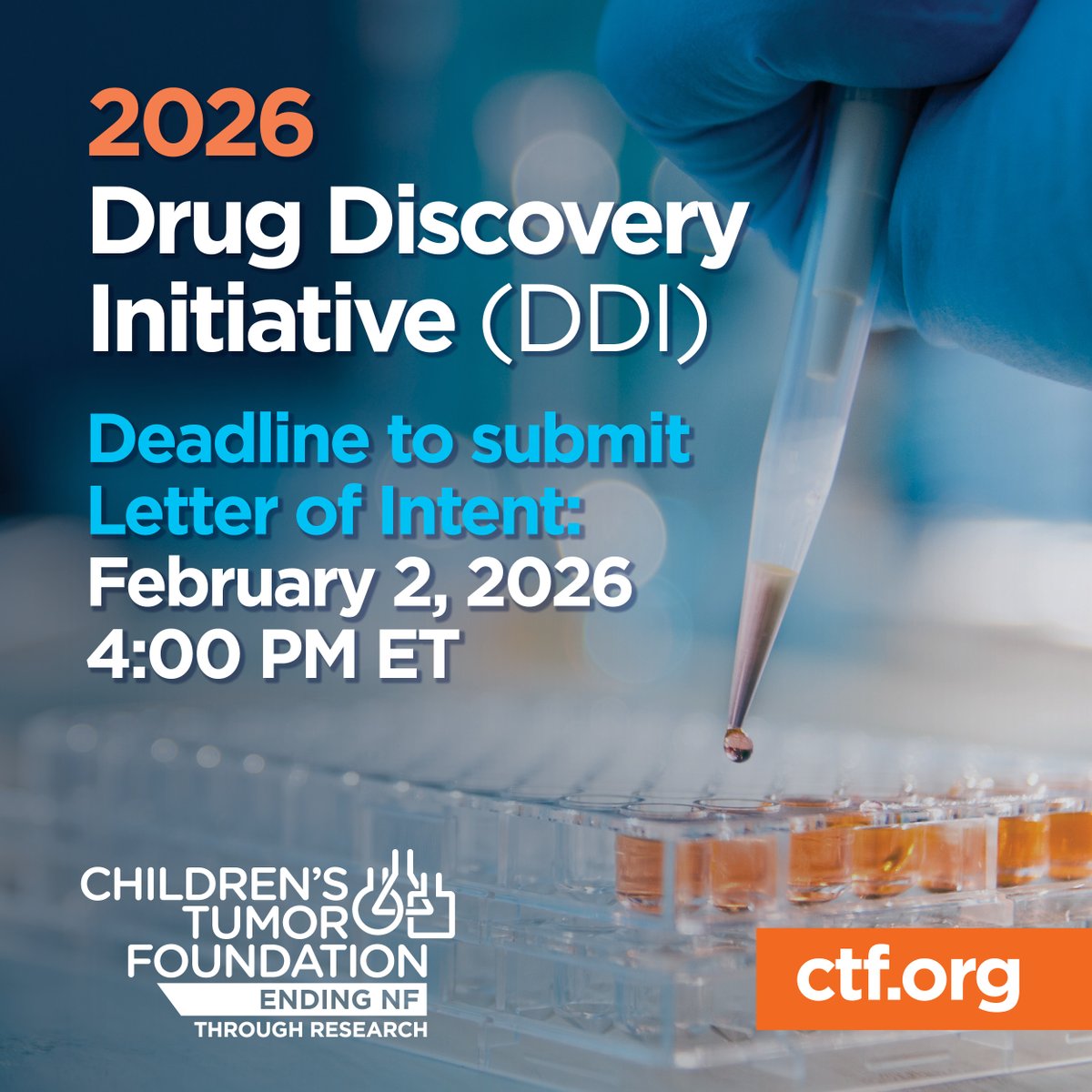 ChildrensTumor's tweet photo. 🚨 Application for the 2025 Drug Discovery Initiative is OPEN! NF researchers, this is your chance to advance innovative therapies and repurposed treatments or validate new NF targets. Deadline: February 2, 2026 by 4 PM EST

🔗 Apply now: https://t.co/H4OloIadbY

#EndNF https://t.co/EXAoarVhoJ
