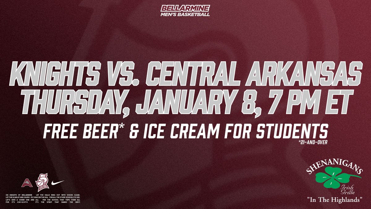 BUKnightsMBB's tweet image. We will be offering Bellarmine students free beer (ages 21-and-over) and ice cream at our game this Thursday!

Looking forward to Knights Nation packing Knights Hall as we open the ASUN portion of our home schedule.

📰 bit.ly/4shSima

⚔️ #SwordsUpBU ⚔️