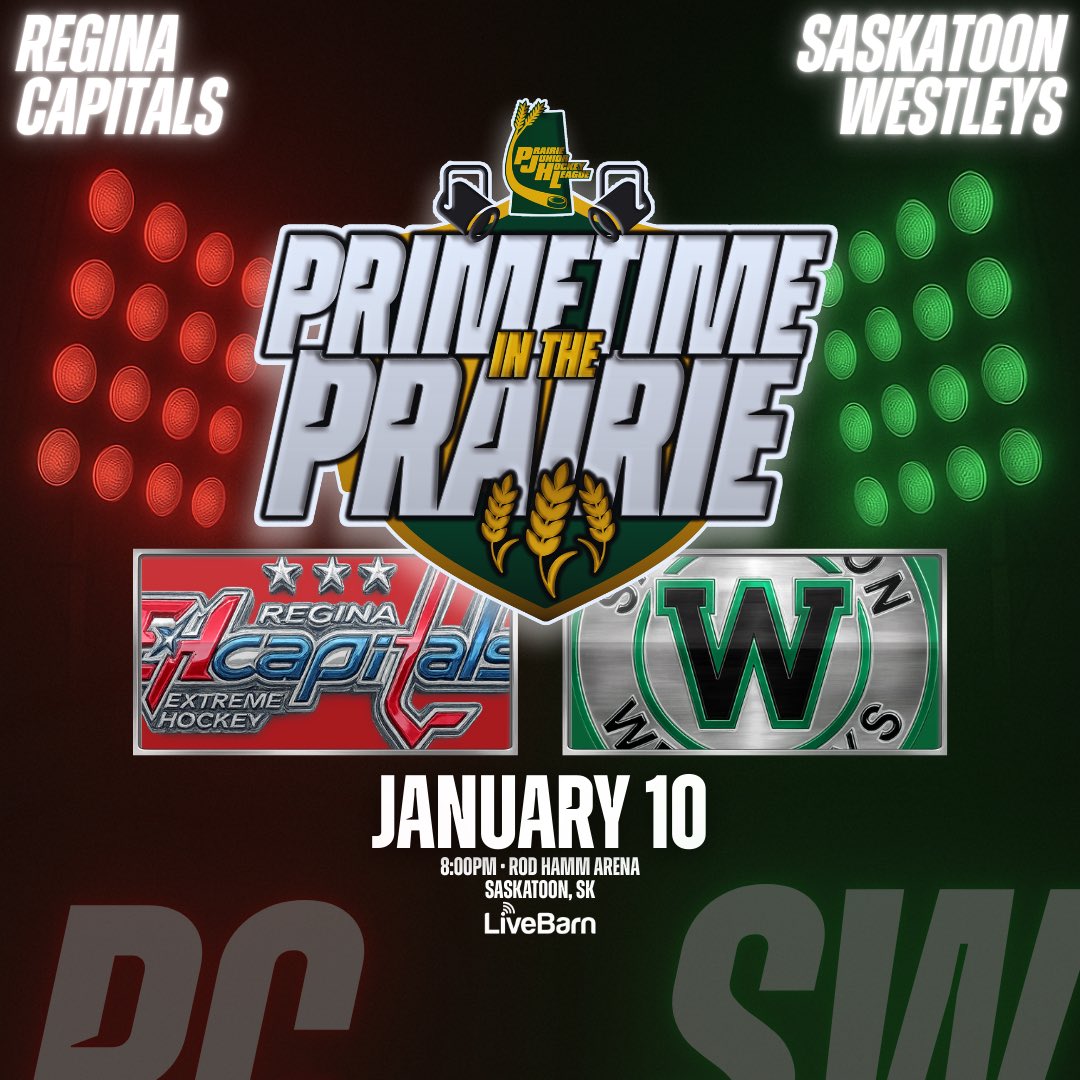 🔦 1st in the south takes on 1st in the north 🔦

The Regina #Capitals visit the Saskatoon #Westleys in this weeks edition of #PrimetimeInThePrairie.

Follow along for scores and news.

One headlined game, every Saturday night.

01.10.26