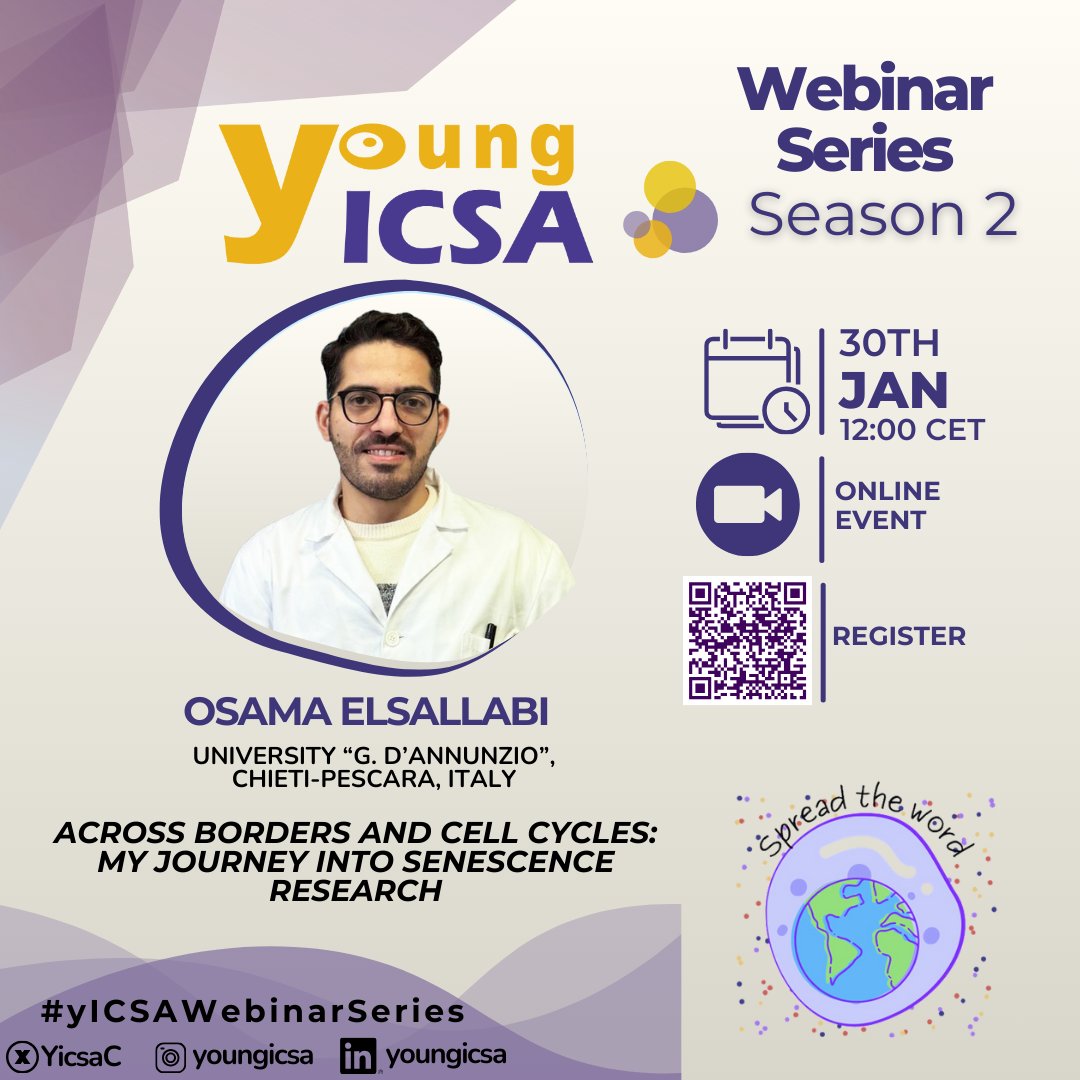 YicsaC's tweet image. 🎙️ We’re excited to kick off 2026 with our first @YicsaC  webinar featuring @OElsallabi (@univUda  Italy 🇮🇹).
🧬 Senescence, ovarian aging &amp;amp; senotherapeutics
👉 Register: us06web.zoom.us/meeting/regist…
#yICSAWebinarSeries #Senescence #AgingResearch #ECRs #PostdocLife