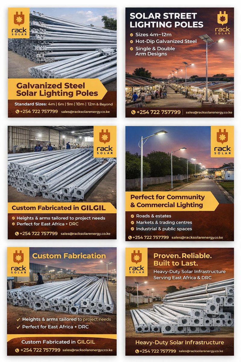 RackSolarEnergy's tweet image. 💡⚙️ Galvanized Solar Street Light Poles
Built for streets, markets &amp;amp; commercial lighting.
✔ 4m–12m sizes
✔ Custom fabricated in Gilgil 🇰🇪
✔ Hot-dip galvanized steel
🌍 Serving East Africa + DRC
📧 sales@racksolarenergy.co.ke
#RackSolarEnergy #SolarLighting