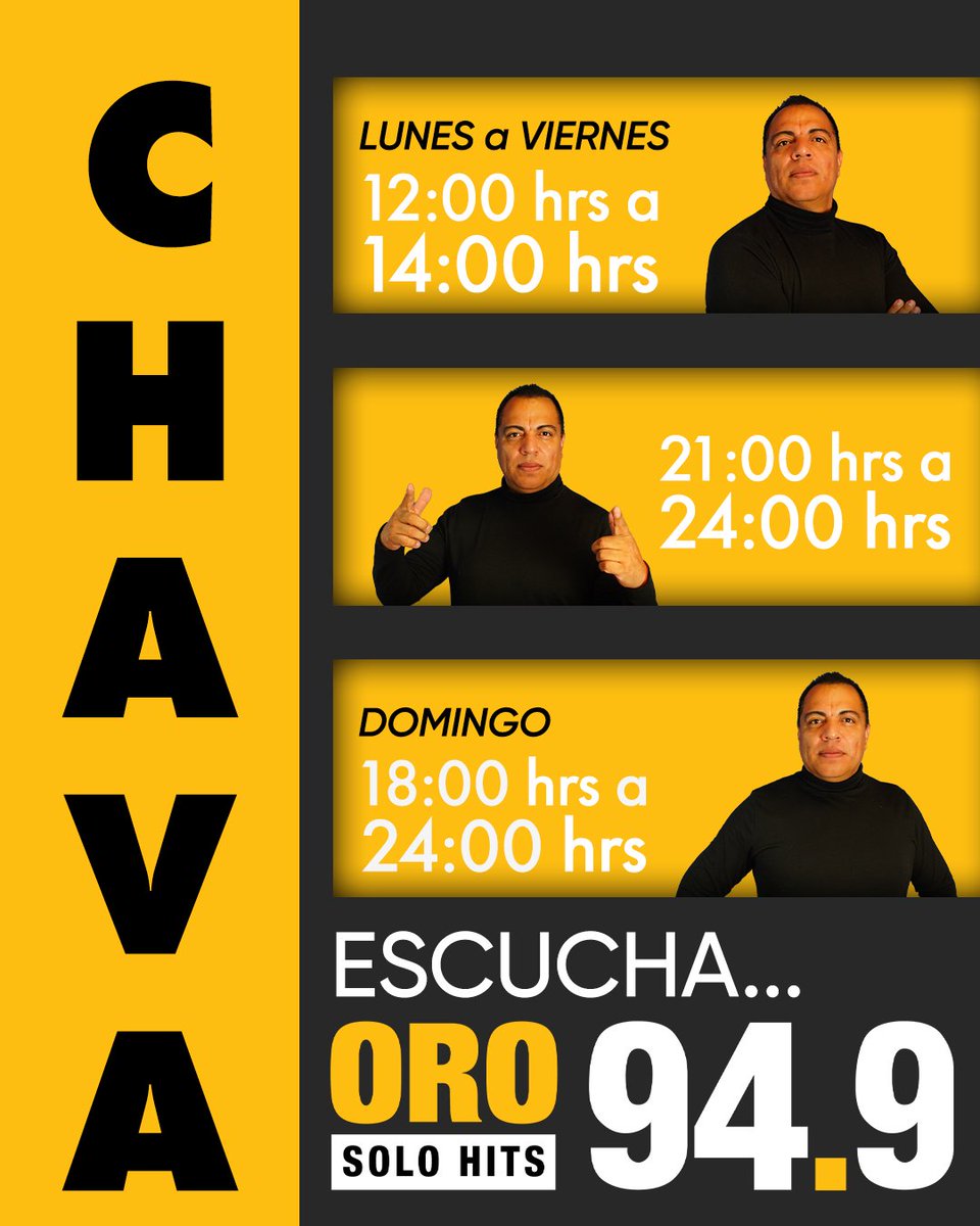 ✨ Lunes con Chava en Oro 94.9 ✨ 
☀️ El lunes se siente como sábado escondido, el mediodía rompe la rutina y adelanta el descanso 🎶🔥

📍 De 12:00 p.m. a 2:00 p.m. 
📻 Oro 94.9 FM o en orohits949.com 👈