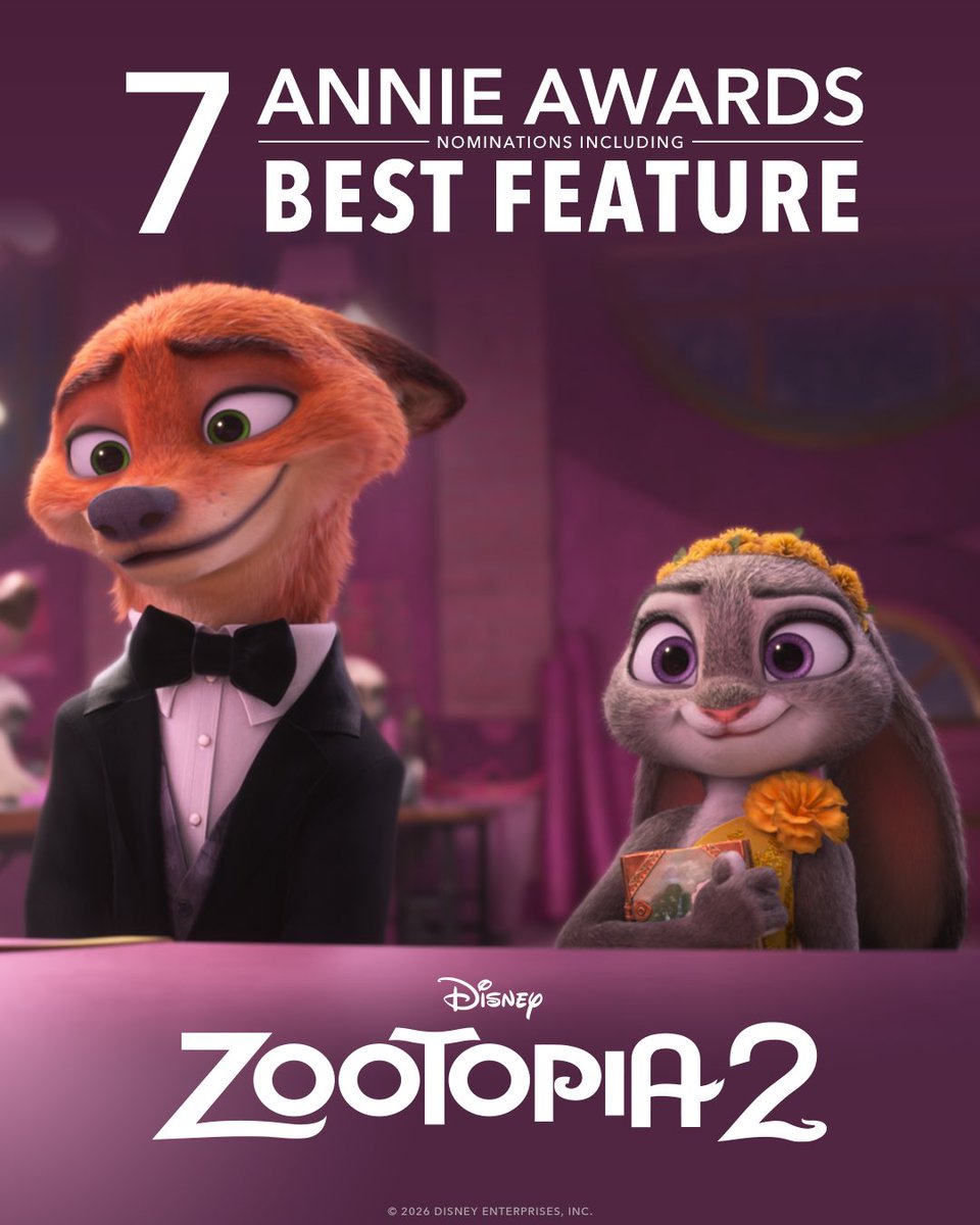 DisneyAnimation's tweet photo. Congratulations to the cast and crew of The Walt Disney Animation Studio’s #Zootopia2 on their 7 Annie Awards nominations including Best Feature. https://t.co/CVfzfnnYXy