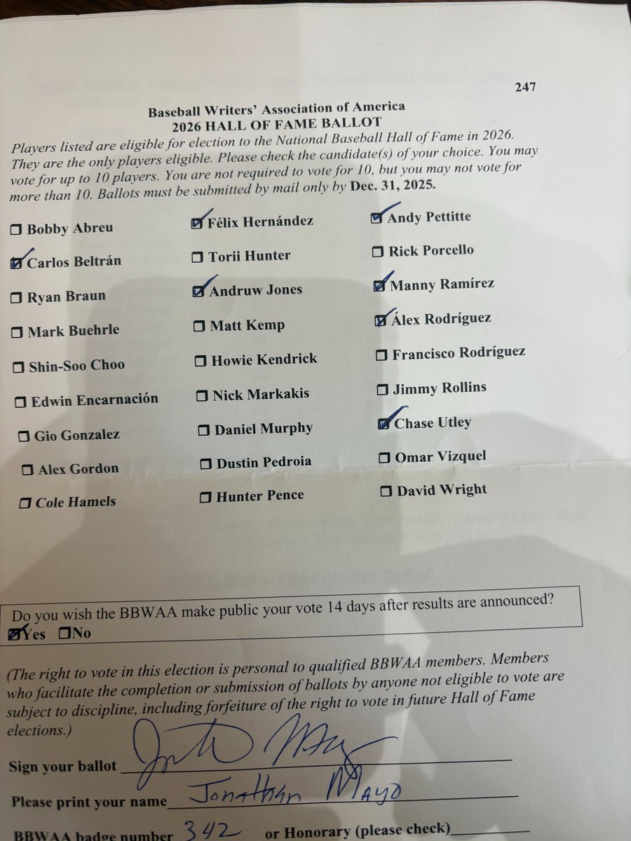 JonathanMayo's tweet image. Now that we're back in full swing, I thought I'd join the fray and post my first-ever @baseballhall ballot. It's an honor to vote and I take the responsibility  seriously. Truthfully, I had trouble evaluating the pitchers on the ballot and ended up voting for 2.