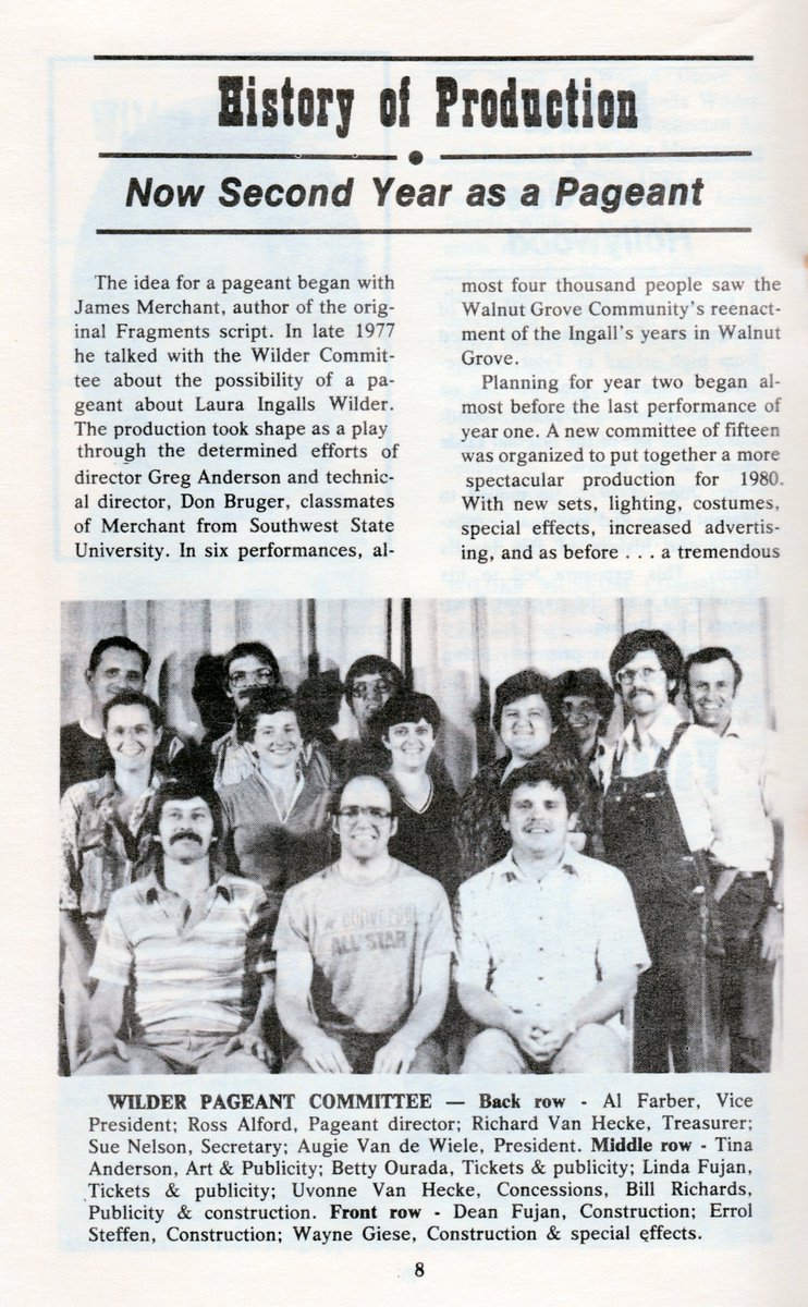 WilderPageant's tweet image. The 1980 program of Walnut Grove Laura Ingalls Wilder Pageant. "The one outstanding feature that made the production really work, was the cooperation and support in time, money and labor, from the people of the little town on the prairie." The quote was true then and is true now.