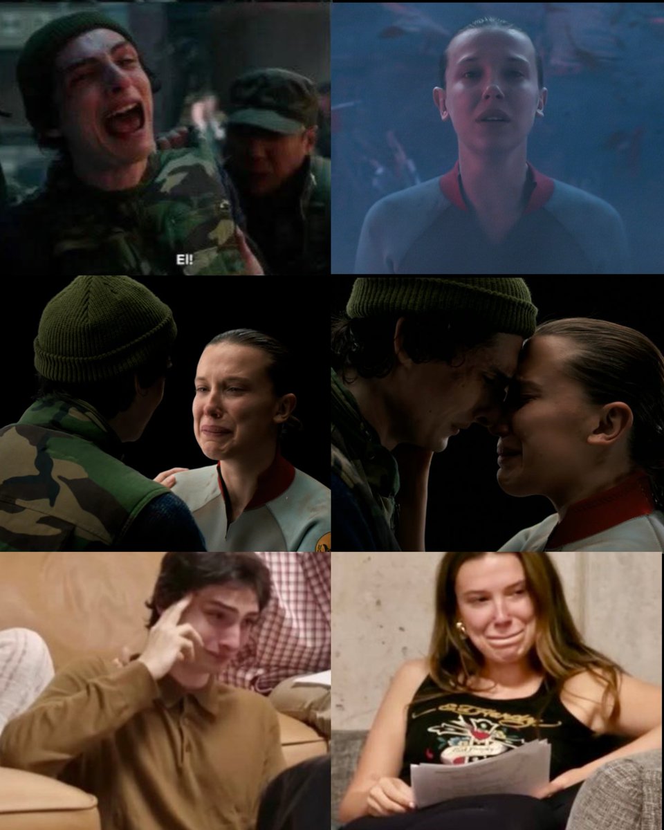 TheCineprism's tweet image. Millie and Finn crying as they read the final script.