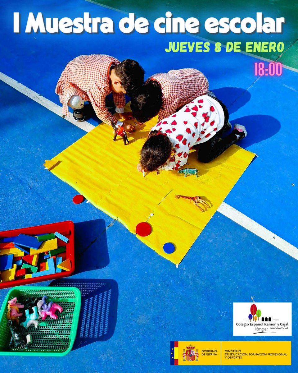 🎬 I MUESTRA DE CINE ESCOLAR
📅 Jueves 8 de enero
🕕 18 h
Proyección de los cortometrajes Abducidos, No hay mal que por bien no venga y No estáis solos, realizados por alumnado, profesorado y familias.
🎟️ Entrada libre hasta completar aforo.
<a href="/ConsejeriaEduc1/">Consejería Educación Marruecos</a> <a href="/ampatangerRyC/">AMPA Colegio Ramón y Cajal - Tánger</a>