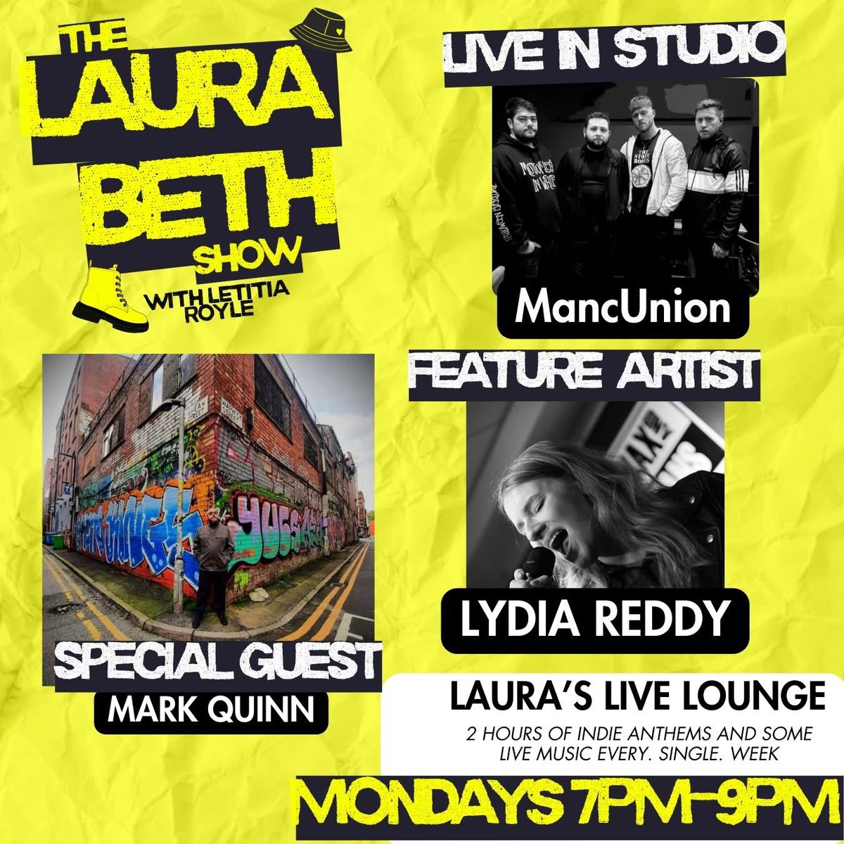 LauraBethReal's tweet image. Tune into the Laura Beth Show tonight at 7pm on @tamesideradio to hear MancUnion live in the studio, the 60 second profile from Lydia Reddy, special guest Mark Quinn, the gig guide from @LetitiaRoyle plus loads of indie, Manchester, rock and punk tunes tamesideradio.com