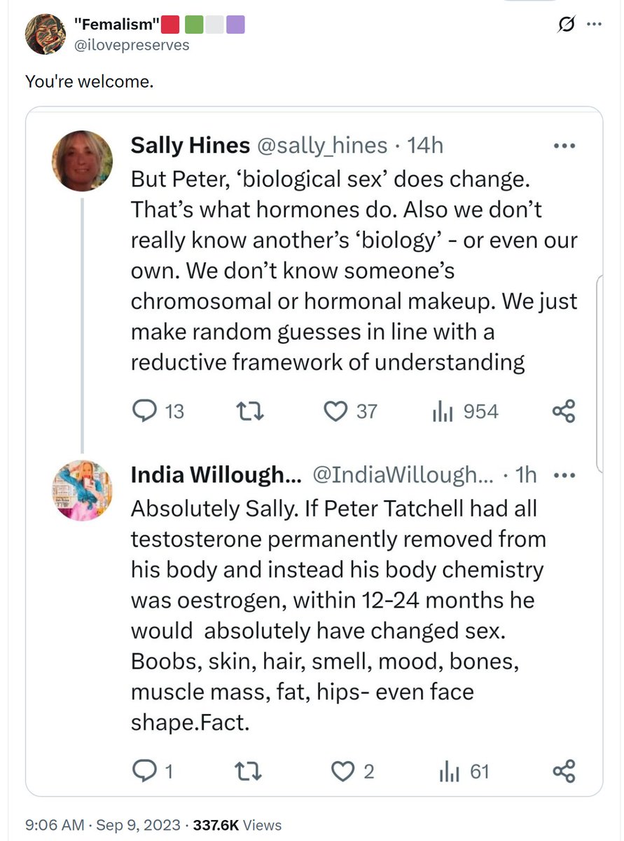 garylfrancione's tweet image. The lunacy that hormones can change sex has been around for a few years at least. Here, @sally_hines of the University of Sheffield and @IndiaWilloughby set straight @PeterTatchell, a TRA who heretically said that sex cannot be changed.