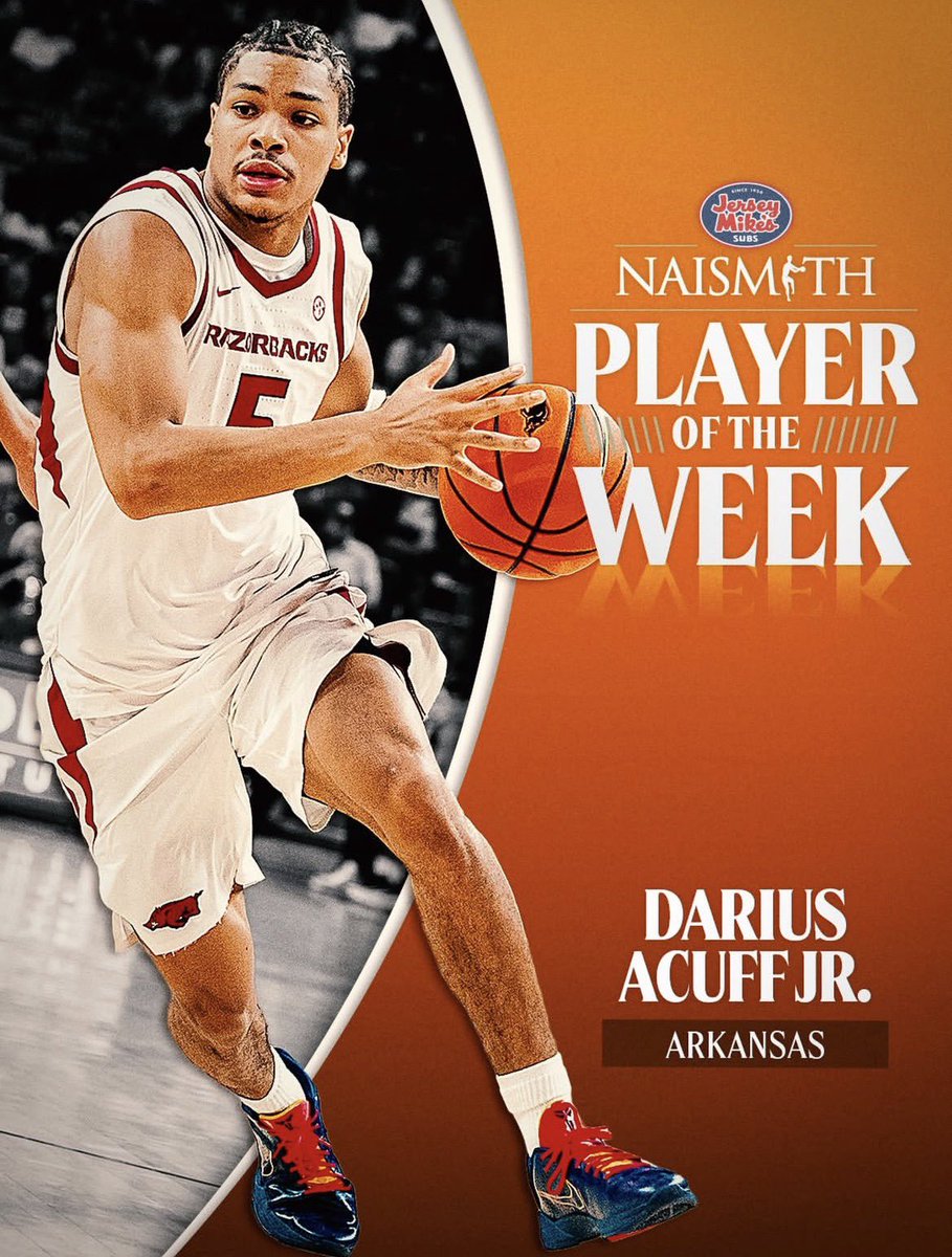 will2whitson's tweet image. Arkansas guard Darius Acuff is the Naismith National Player of the Week🔥

Vs. Tennessee: 29 PTS/4 AST/9-16 FG/3-7 3PT
Vs. JMU: 17 PTS/6 AST/7-12 FG/3-6 3PT