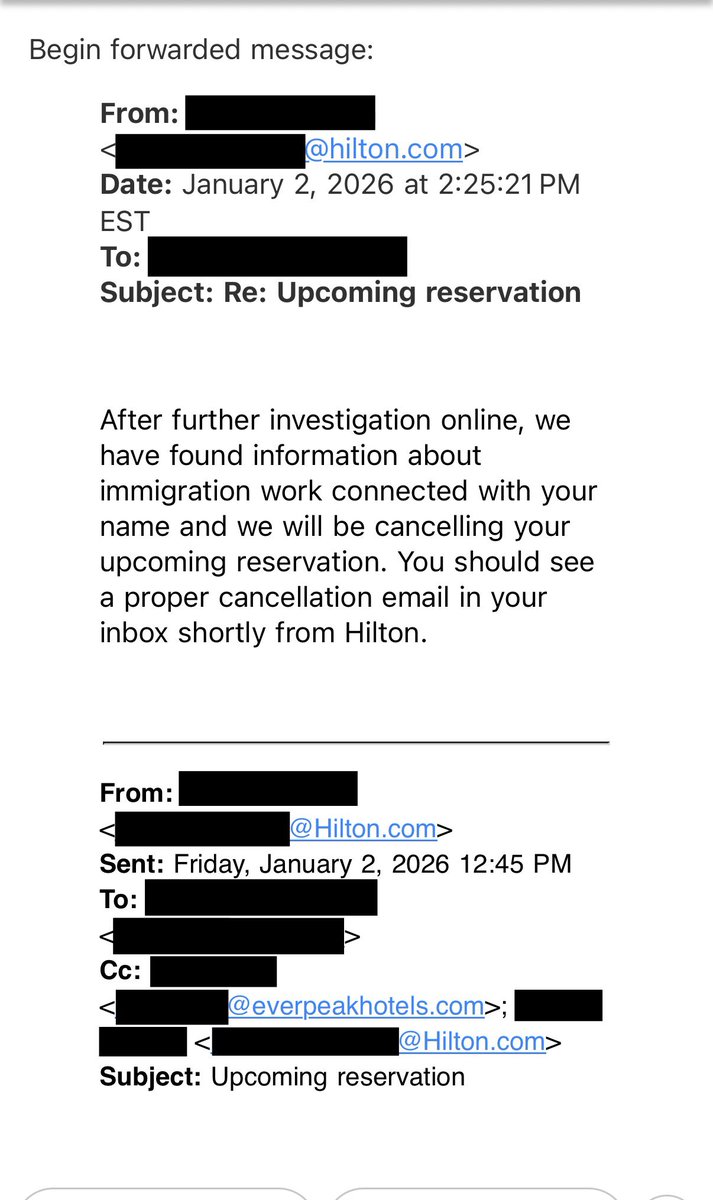 DHSgov's tweet image. NO ROOM AT THE INN!

@HiltonHotels has launched a coordinated campaign in Minneapolis to REFUSE service to DHS law enforcement.

When officers attempted to book rooms using official government emails and rates, Hilton Hotels maliciously CANCELLED their reservations.

This is…