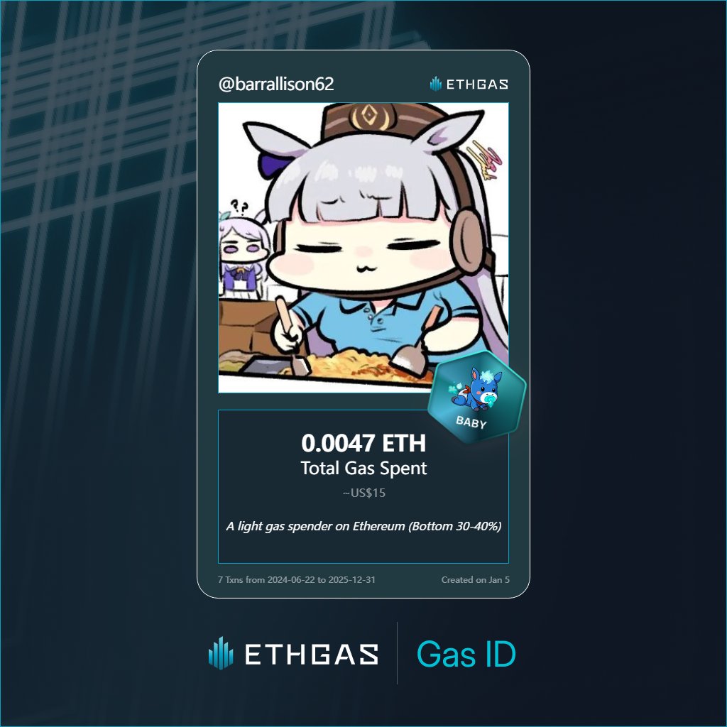 Discovered my Gas ID via ETHGas - turning my gas spend into rewards 🫘

As a Baby Jack, I've spent 0.0047 ETH on gas but earned 1 Beans back.

Get your Gas ID and Beans here: ethgas.com/community/gas-…