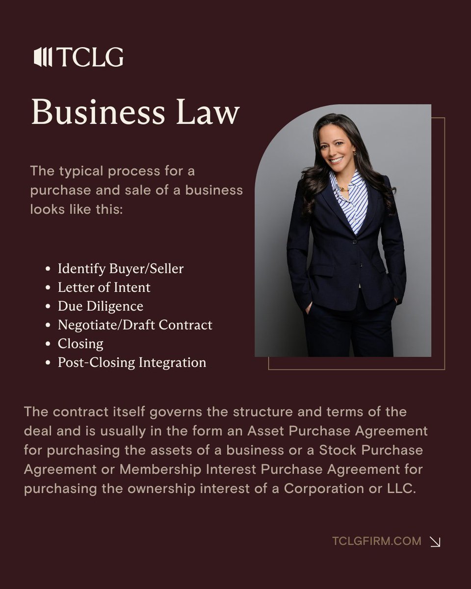 Buying or selling a business can be overwhelming, with complex legal and business terms and procedures. TCLG helps streamline the process and is with you every step of the way to address your concerns and facilitate a smooth transaction. #businesslaw