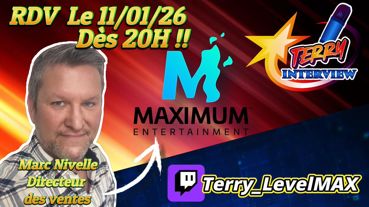 Terry_LevelMAX's tweet image. 📣RAPPEL. D'ANNONCE !!
RDV le 11/01 à 20h sur #twitch pour l'émission #TerryInterview n°4 ou je reçois Marc Nivelle directeur des ventes de chez @MaxEnt_FR
On va parler de son parcours et de l'évolution de industrie du JV 
twitch.tv/terry_levelmax