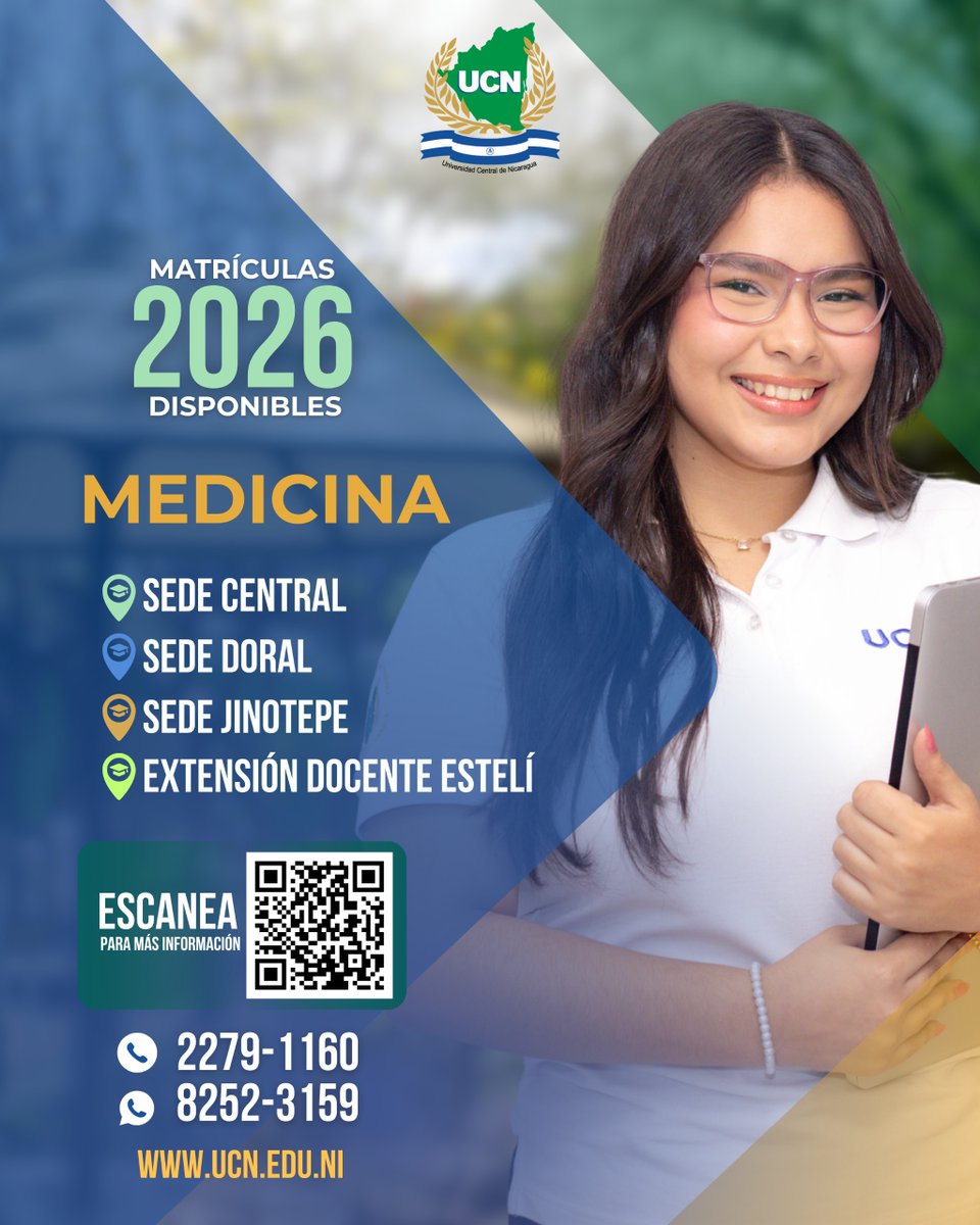 Matrículas 2026 Inicio de Clases 09 de febrero 2026
Universidad Central de Nicaragua: Matrículas 2026 para la carrera de Medicina, disponibles en la Sede Central, la Sede Doral, la Sede Jinotepe y en la Extensión Docente Estelí.
Una formación integral diseñada para quienes